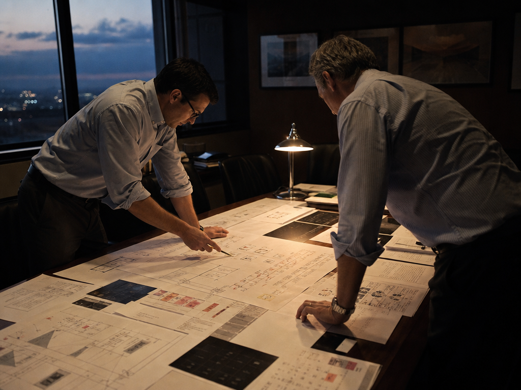 Two senior professionals reviewing technical diagrams and risk documents under lamplight