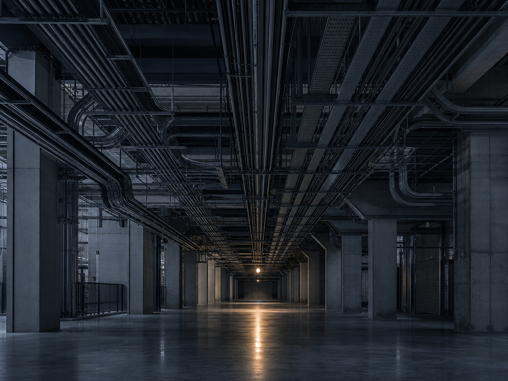 Overhead cable trays and conduit converging through a dim technical facility