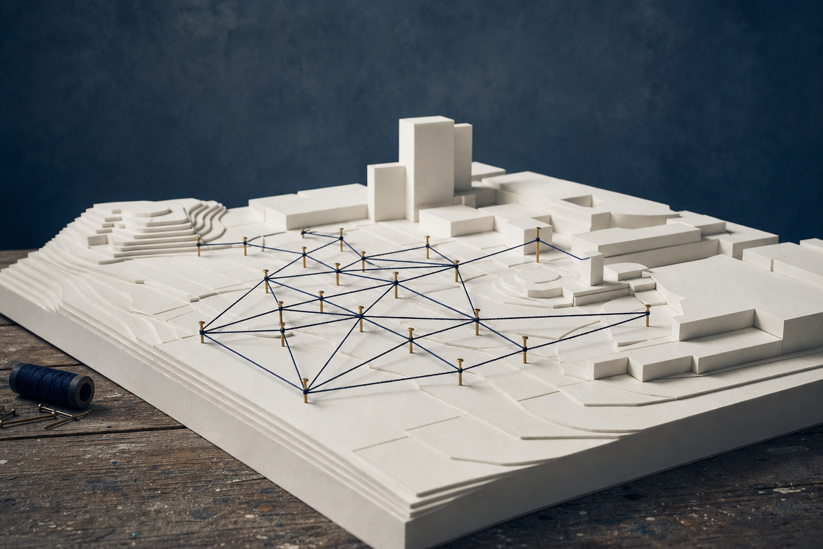 Architectural study model with pins and thread connecting decision points